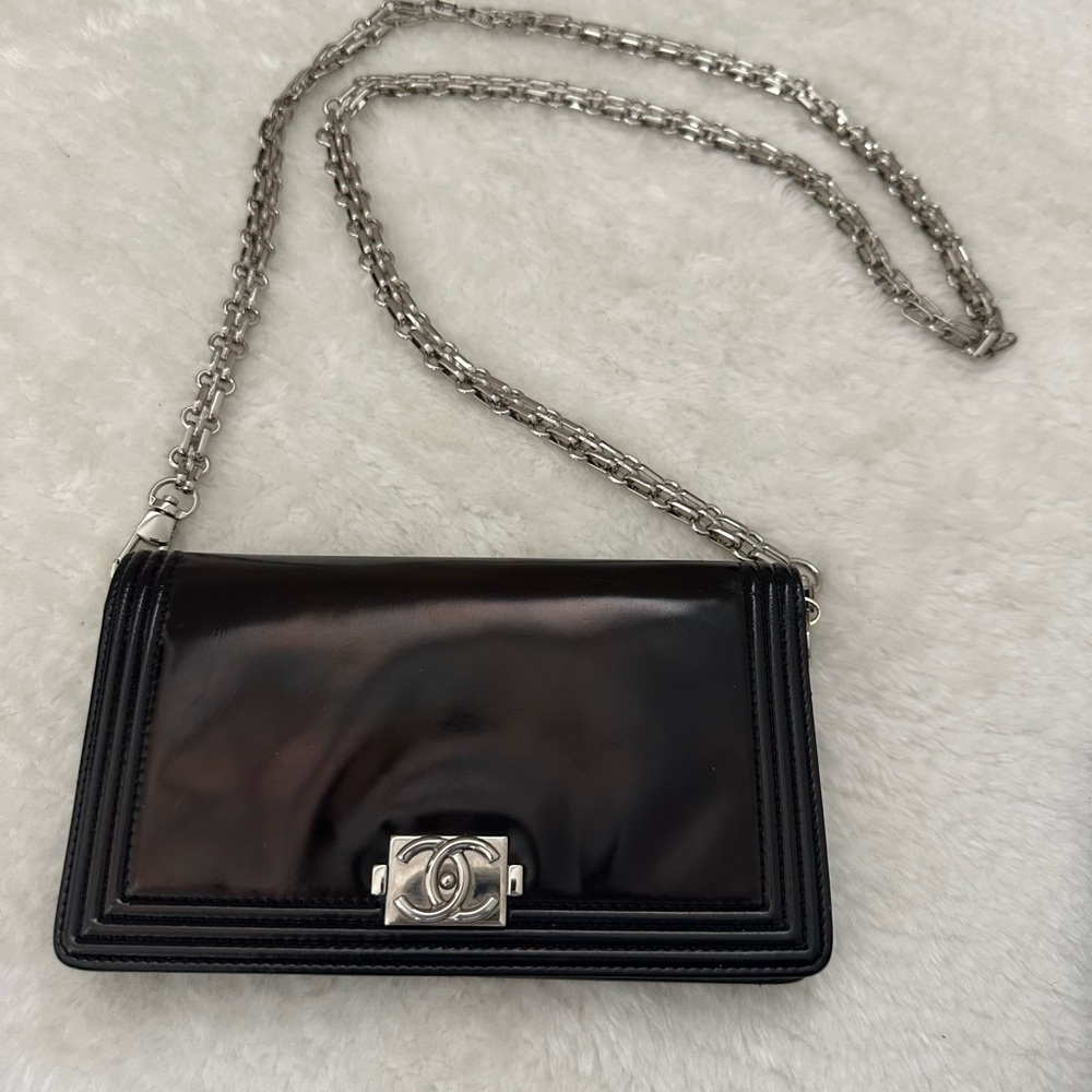 Chanel Black Patent Leather Wallet On Chain